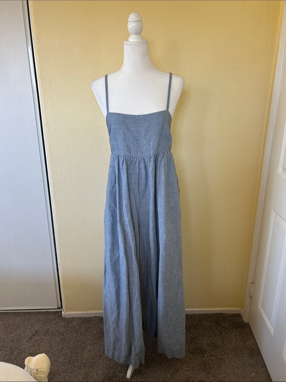 Sleeveless Chambray Maxi Jumpsuit in Light Blue